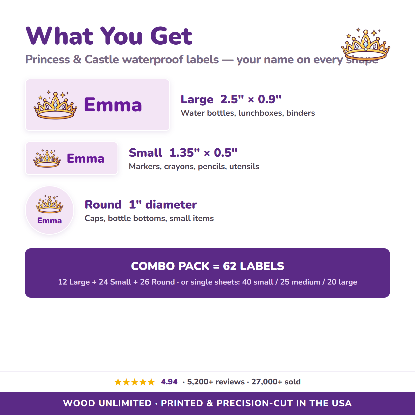 Princess & Castle name label sizes and 62-label combo pack contents