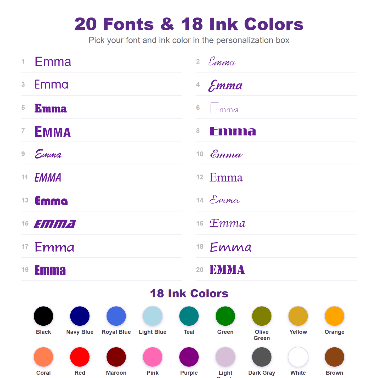 20 fonts and 18 ink colors for personalized kids name labels