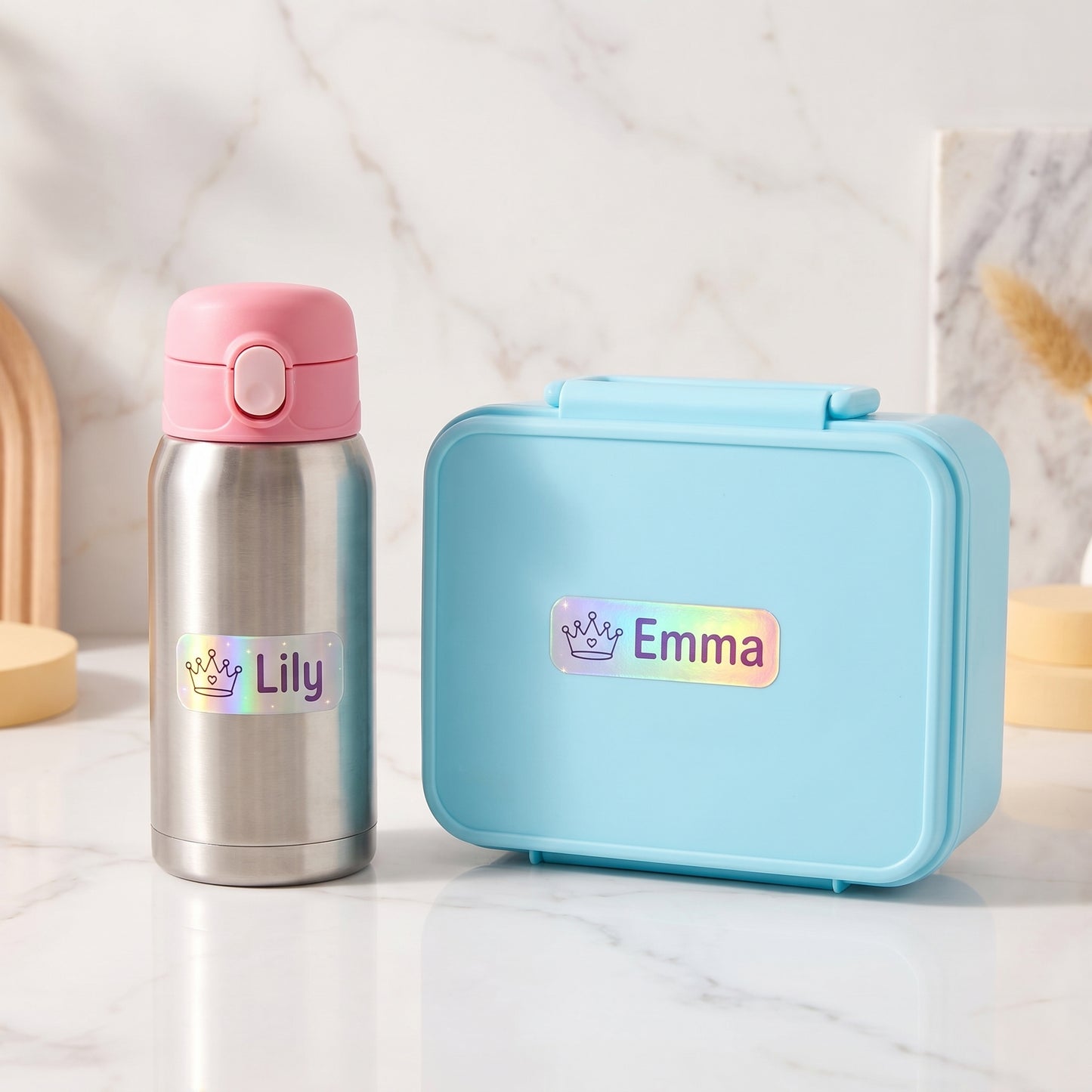Personalized princess & castle name labels on a kids water bottle and lunchbox