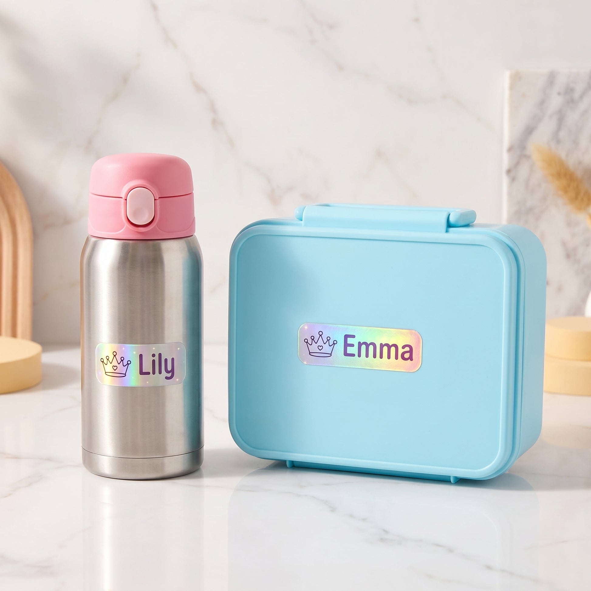 Personalized princess & castle name labels on a kids water bottle and lunchbox