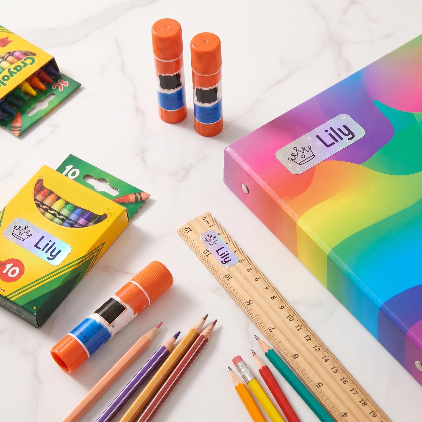 princess & castle name labels on school supplies - crayons, glue, ruler, pencils, binder