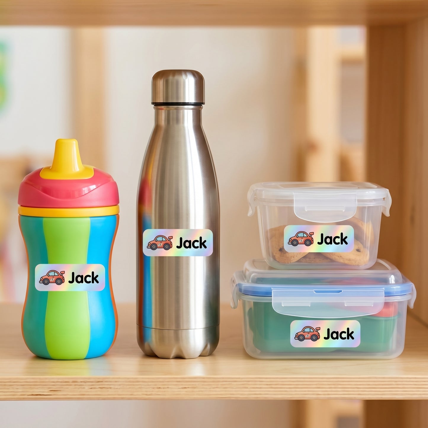 race cars name labels on daycare items - sippy cup, bottle, snack container, lunchbox