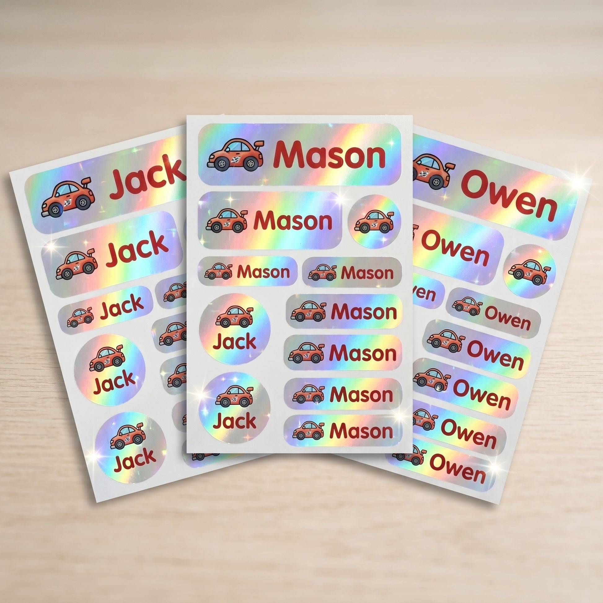 Holographic race cars name label sticker sheet close-up with rainbow shimmer