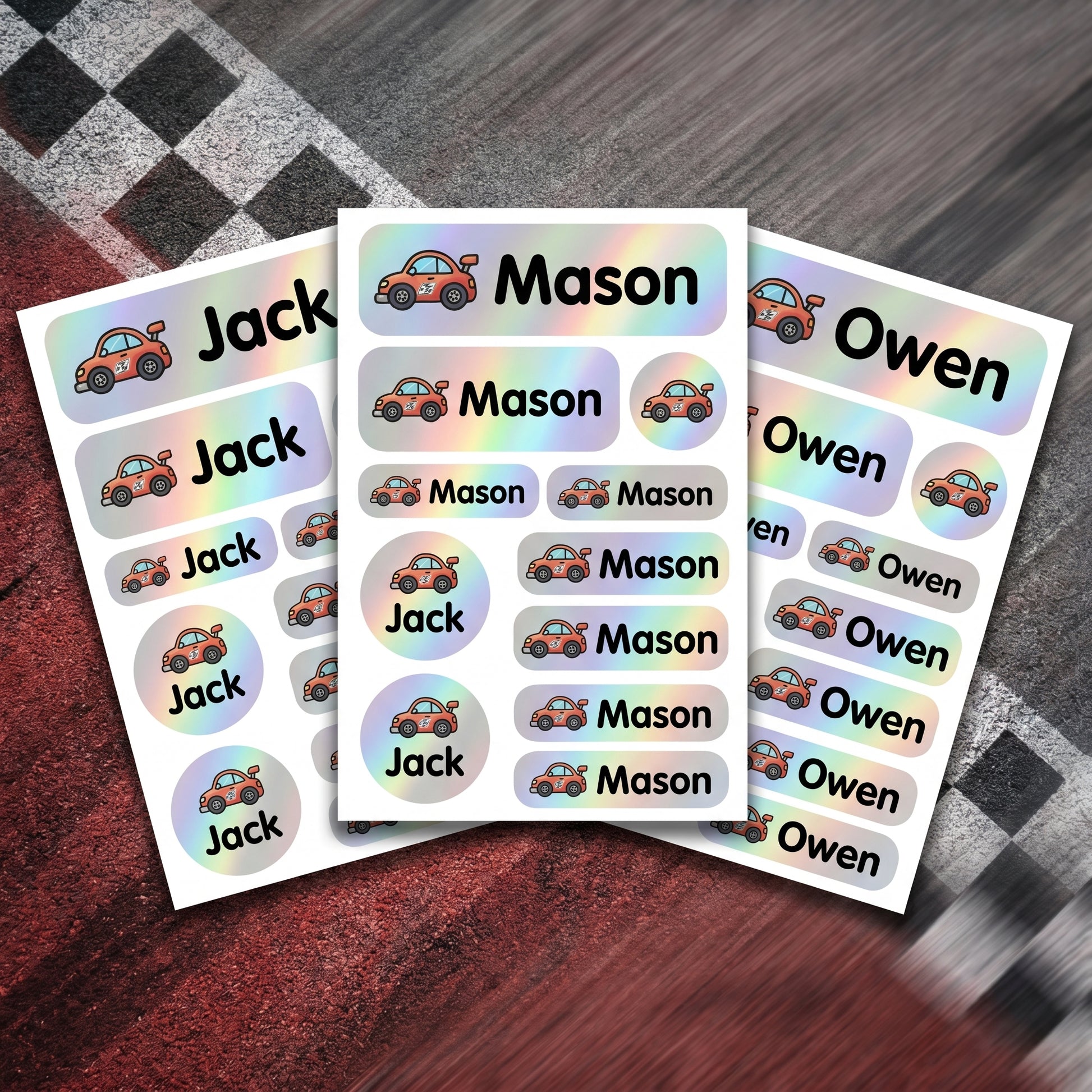 Holographic race cars name labels combo sheets - waterproof kids name stickers
