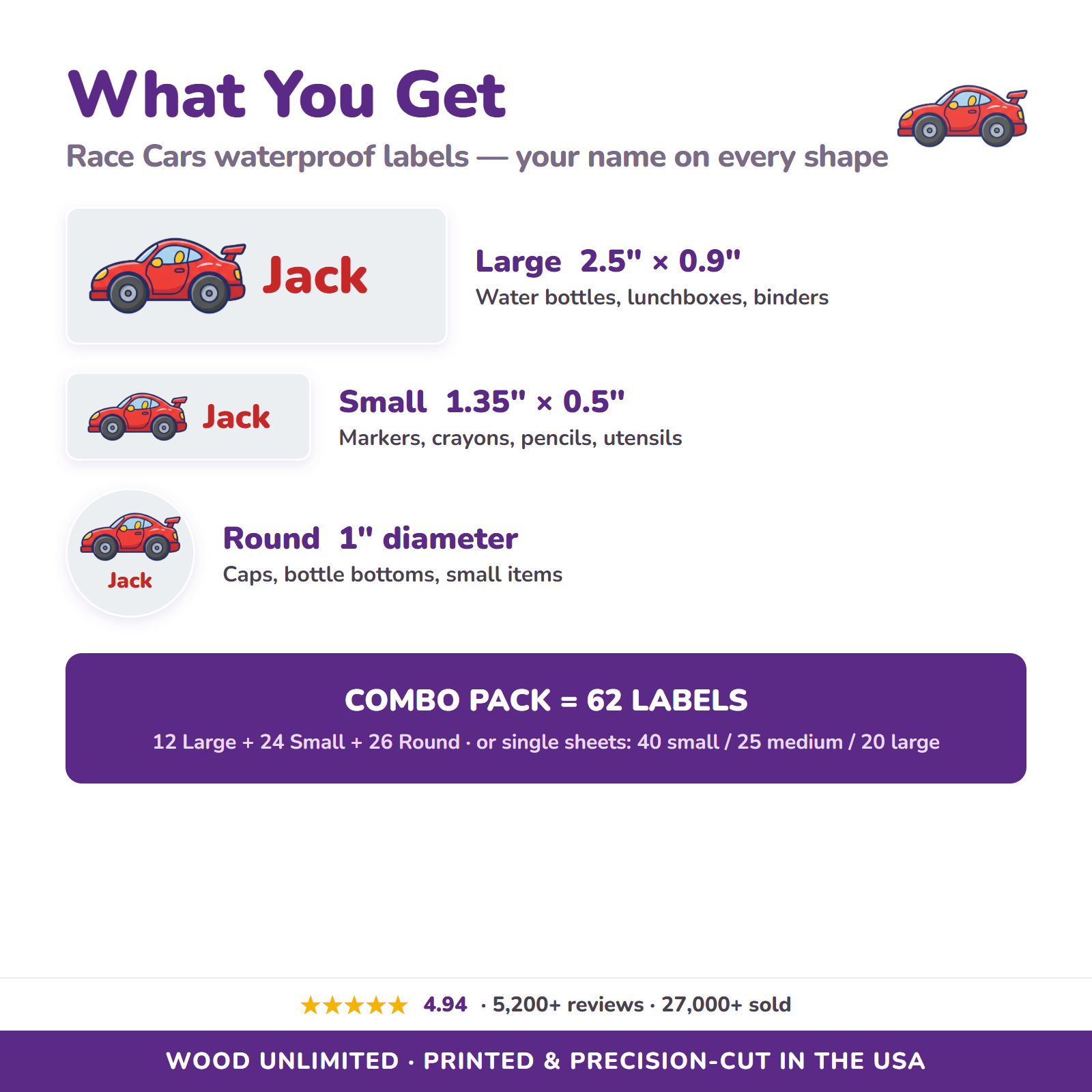 Race Cars name label sizes and 62-label combo pack contents