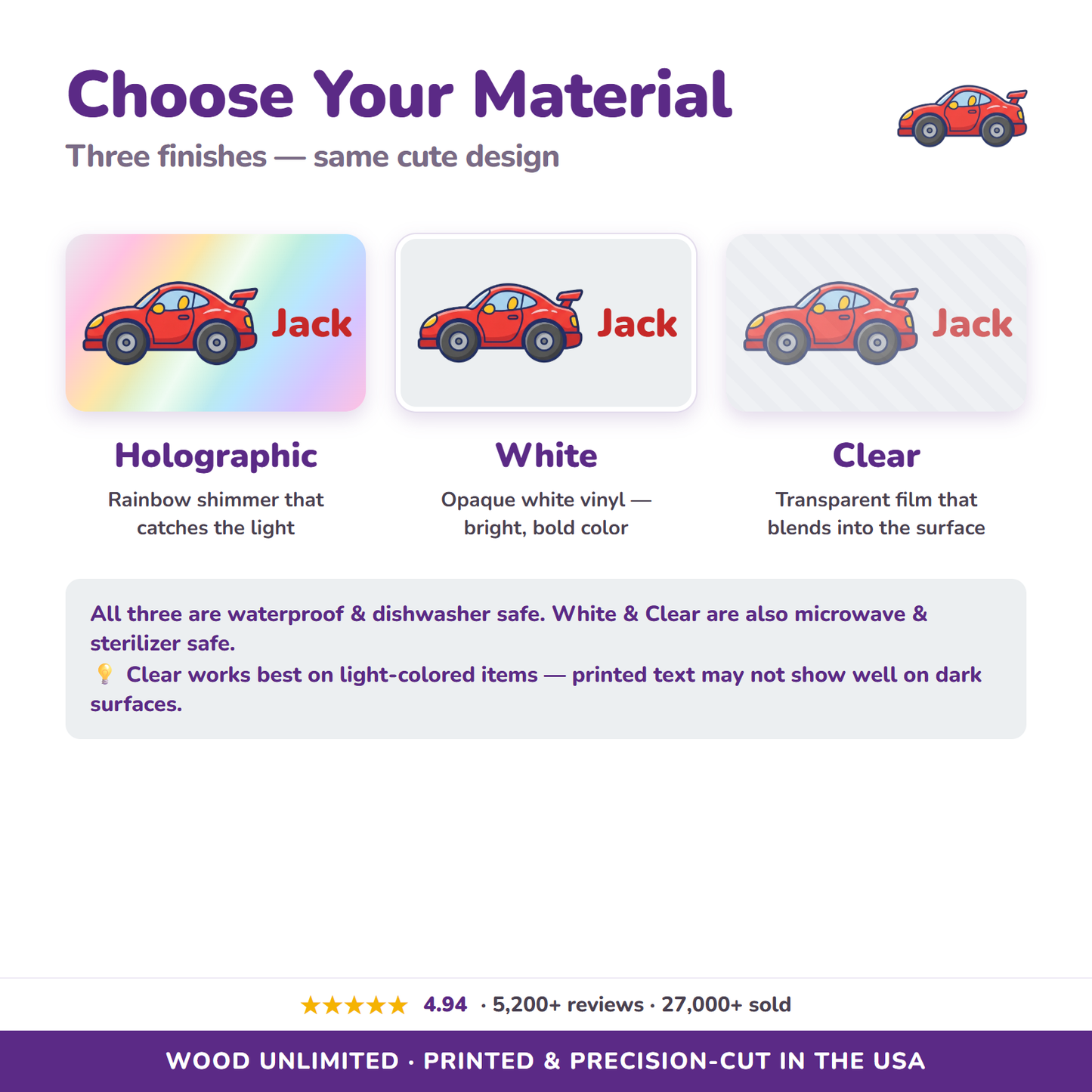Holographic, white, and clear vinyl name label options