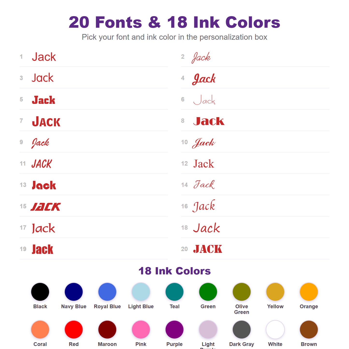 20 fonts and 18 ink colors for personalized kids name labels