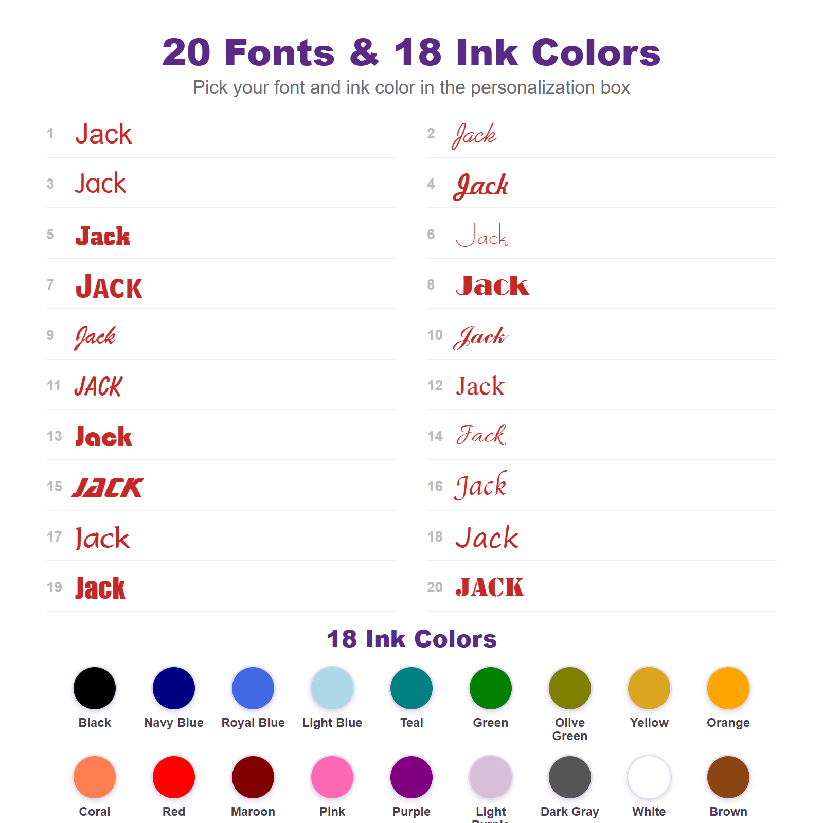 20 fonts and 18 ink colors for personalized kids name labels