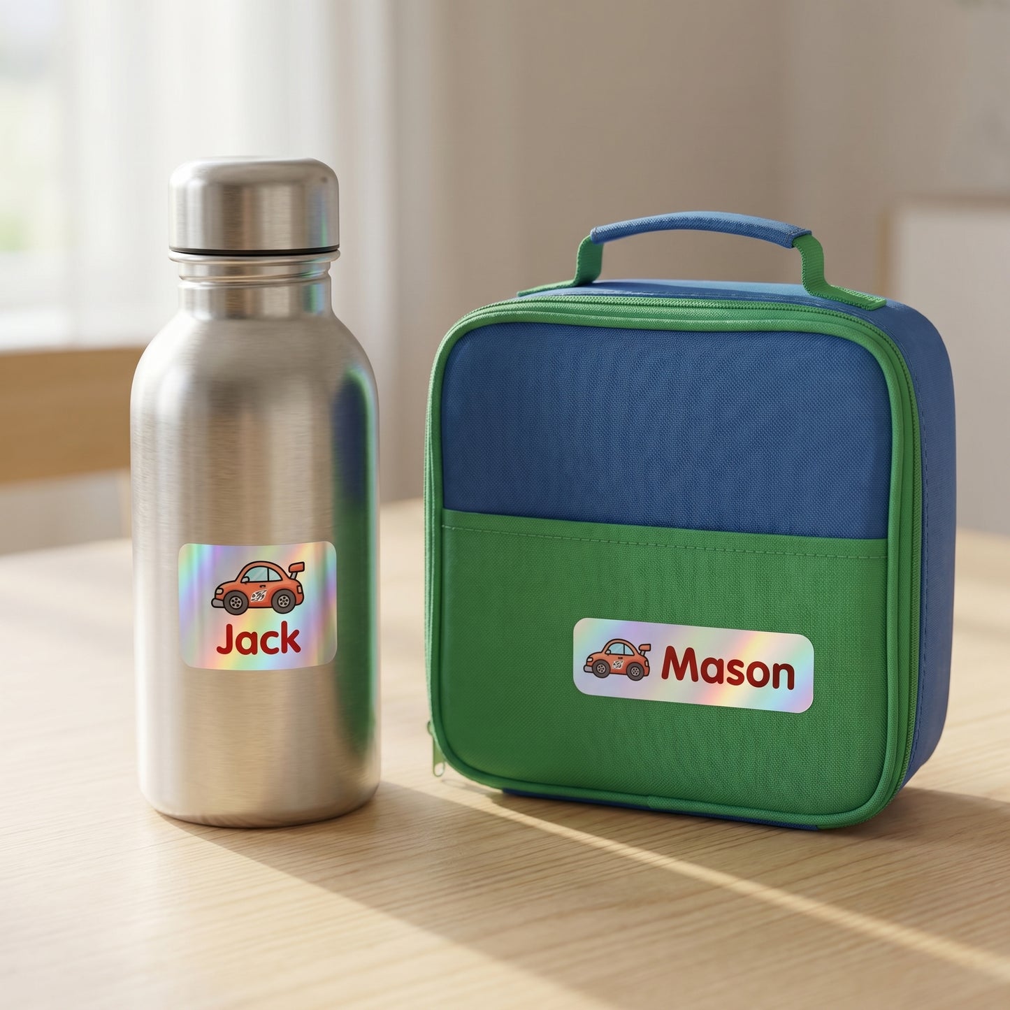 Personalized race cars name labels on a kids water bottle and lunchbox