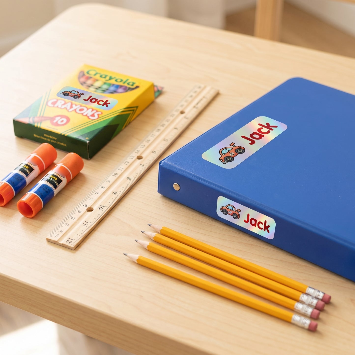 race cars name labels on school supplies - crayons, glue, ruler, pencils, binder