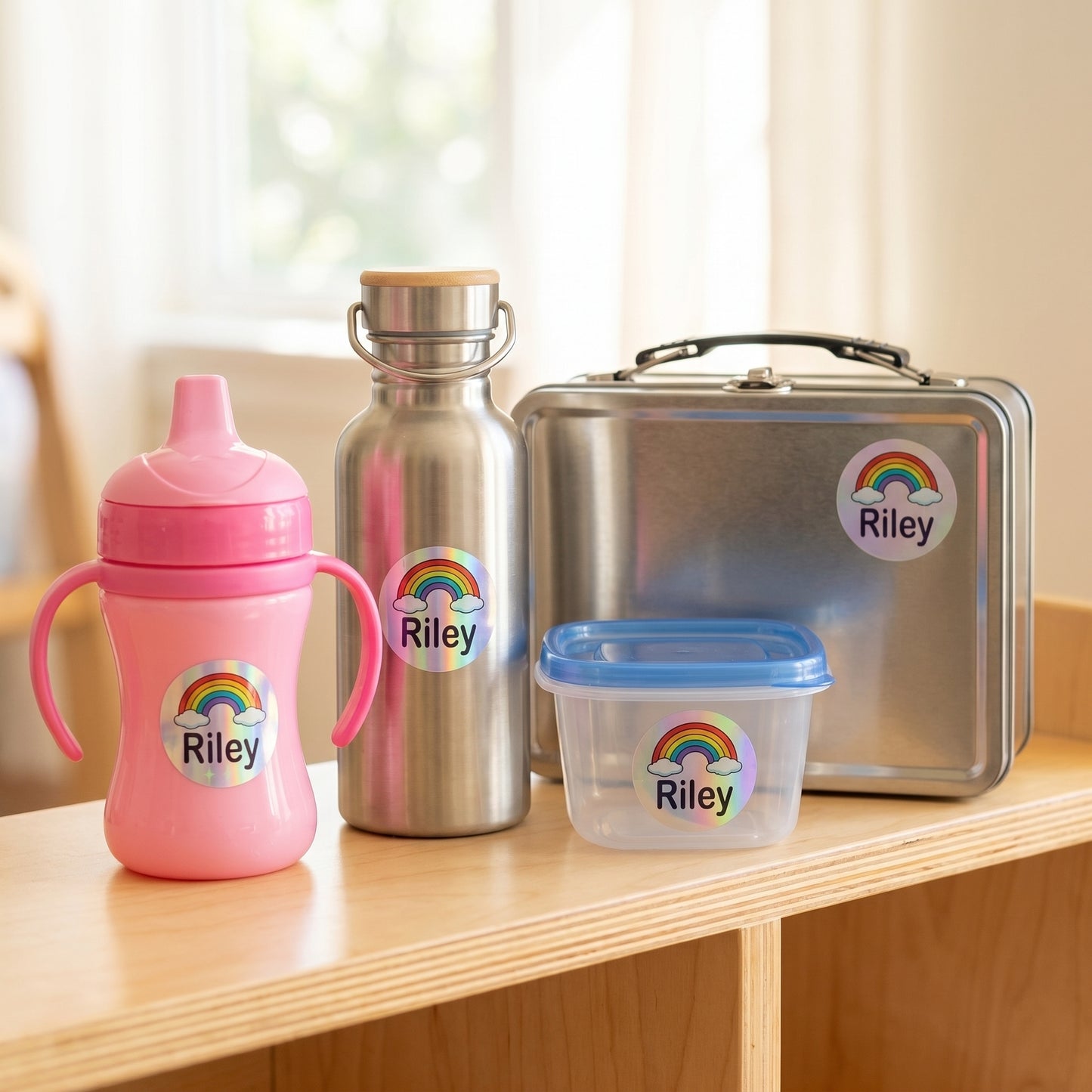rainbow name labels on daycare items - sippy cup, bottle, snack container, lunchbox