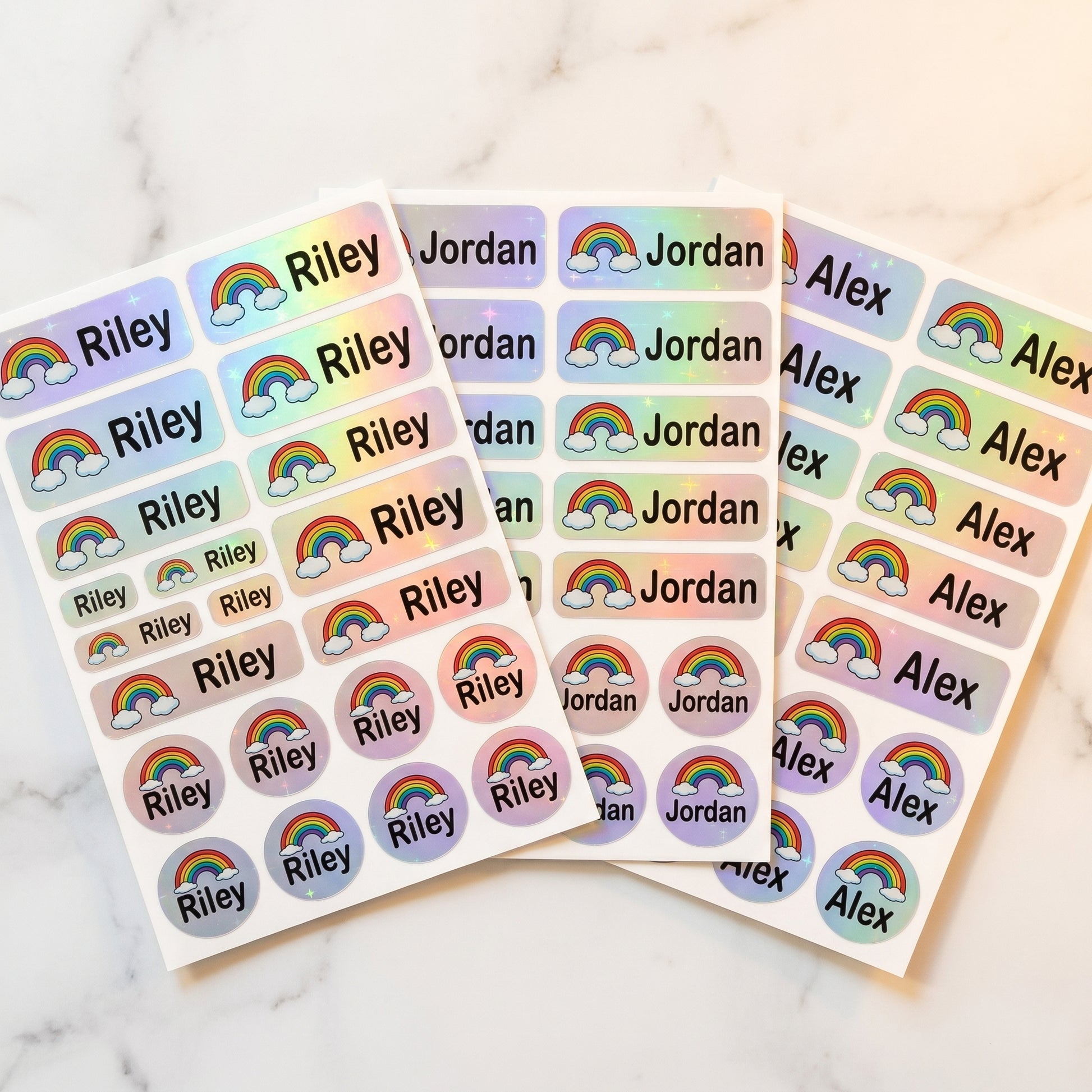 Holographic rainbow name labels combo sheets - waterproof kids name stickers
