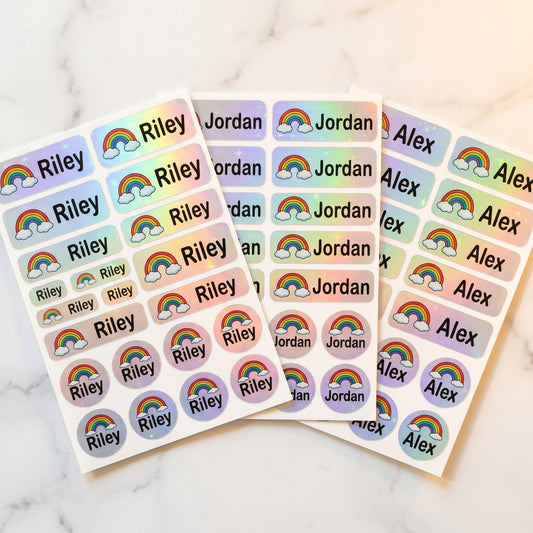 Holographic rainbow name labels combo sheets - waterproof kids name stickers