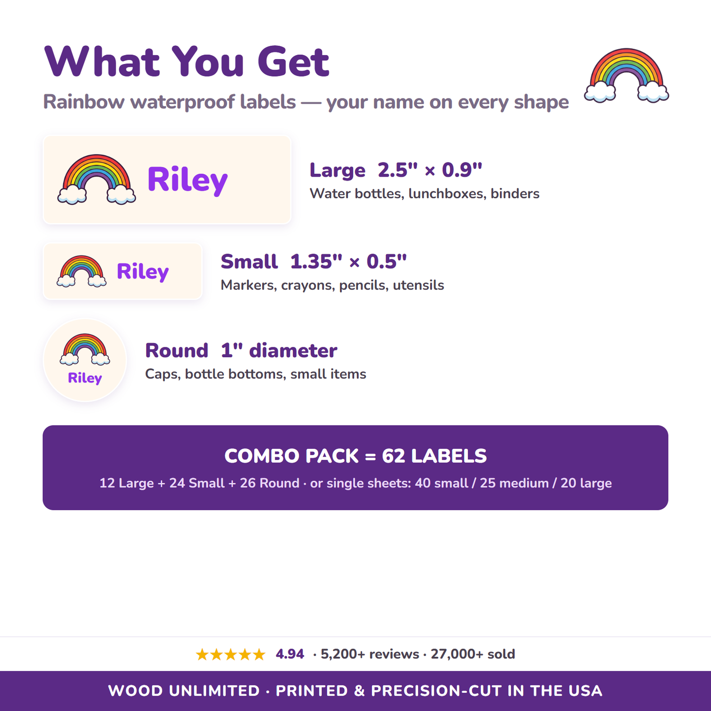 Rainbow name label sizes and 62-label combo pack contents