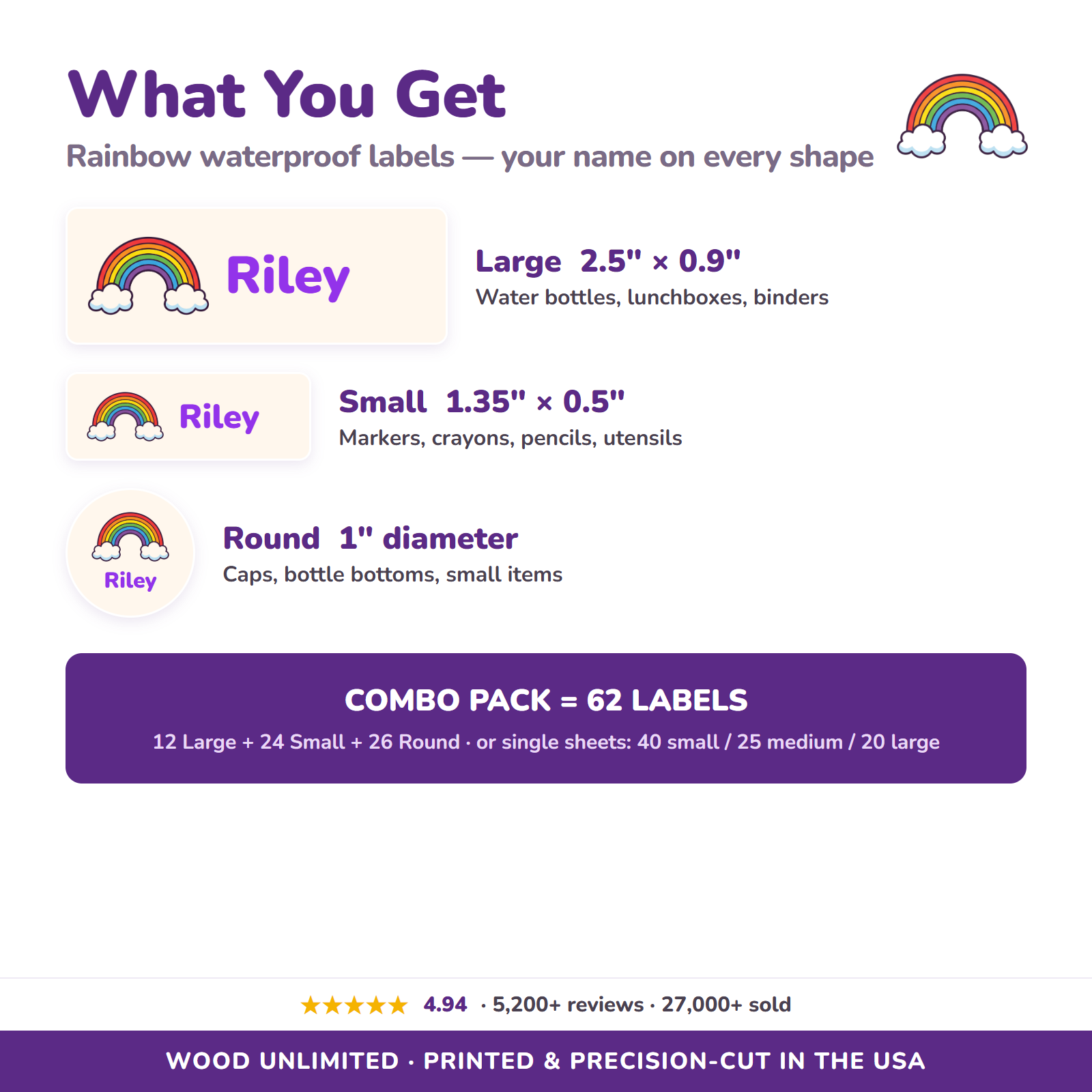 Rainbow name label sizes and 62-label combo pack contents
