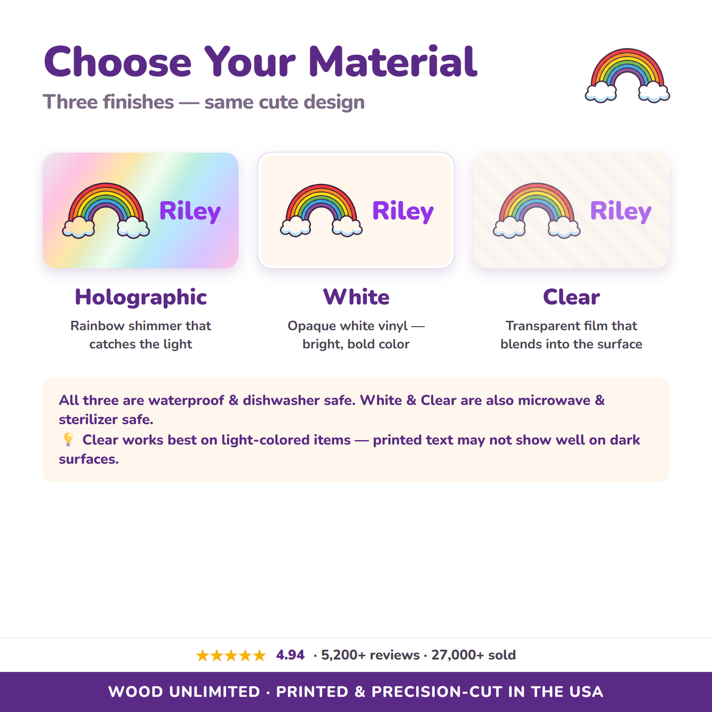 Holographic, white, and clear vinyl name label options