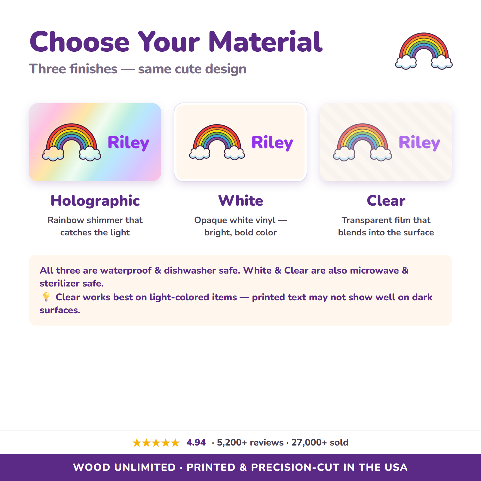Holographic, white, and clear vinyl name label options