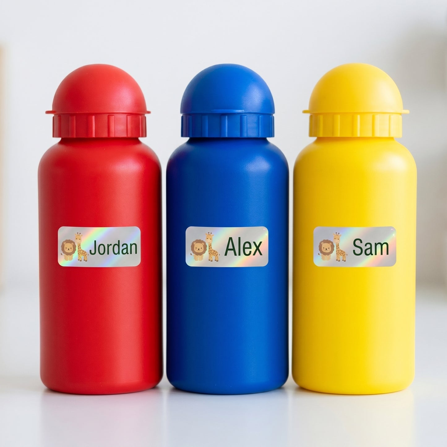 Personalized safari animals name labels on three kids water bottles