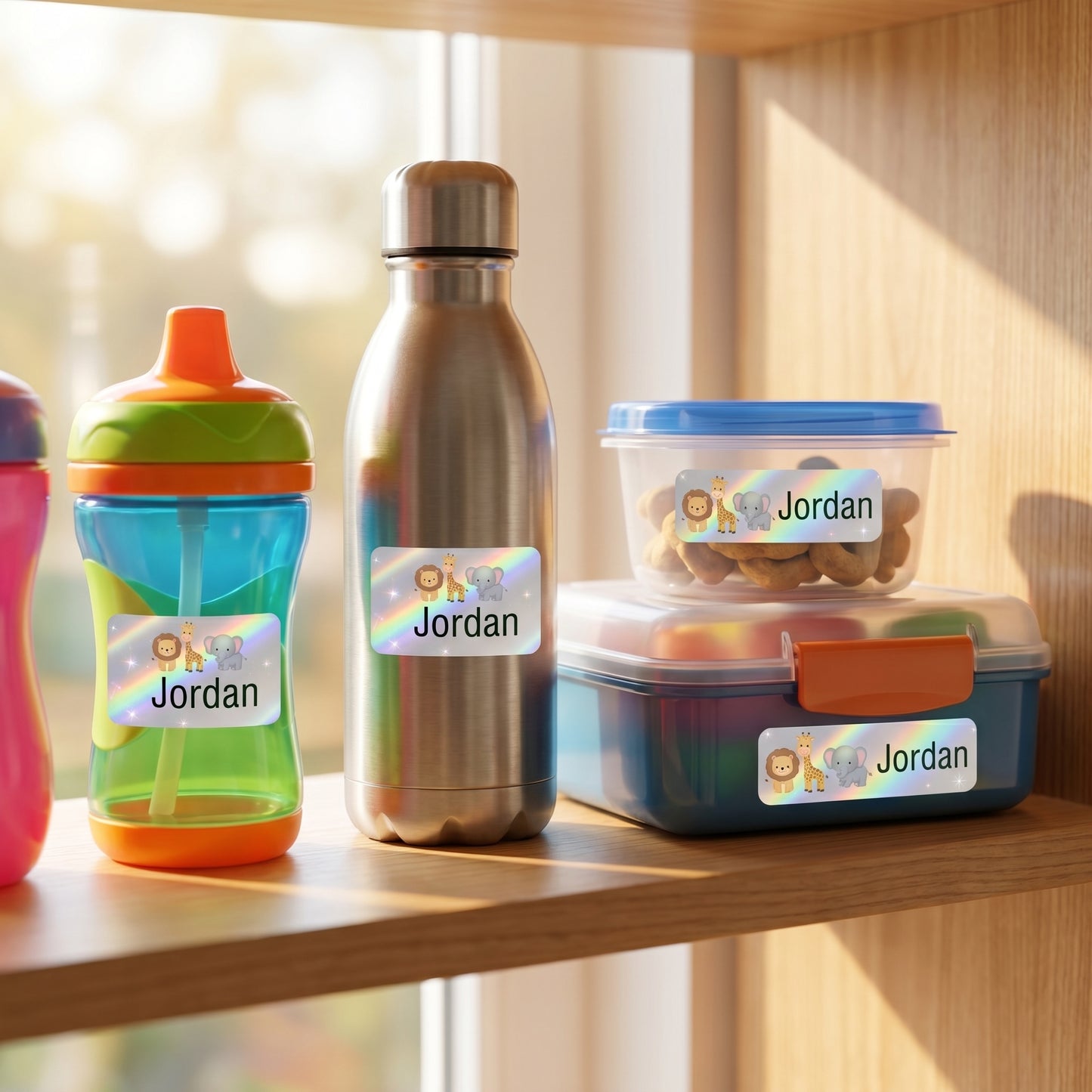 safari animals name labels on daycare items - sippy cup, bottle, snack container, lunchbox