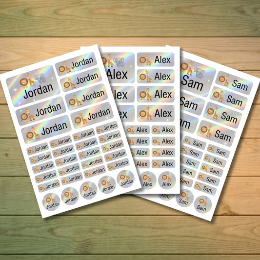 Holographic safari animals name labels combo sheets - waterproof kids name stickers
