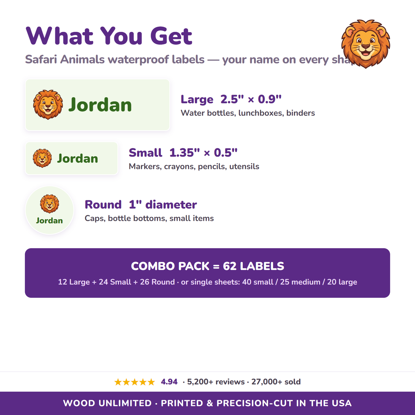 Safari Animals name label sizes and 62-label combo pack contents