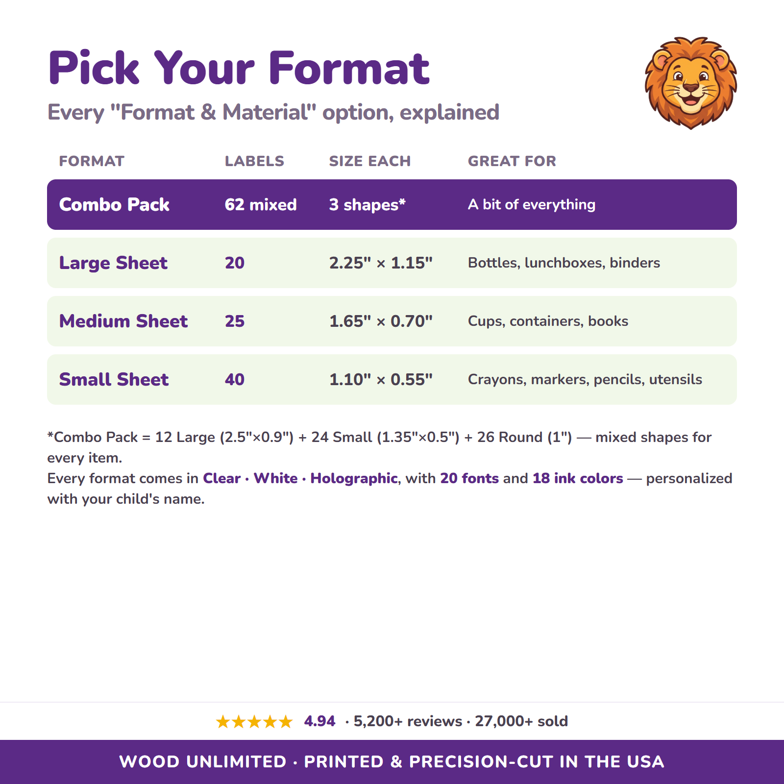 All format and material options for safari animals name labels