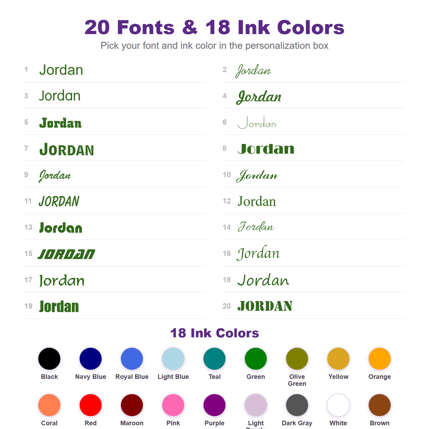 20 fonts and 18 ink colors for personalized kids name labels