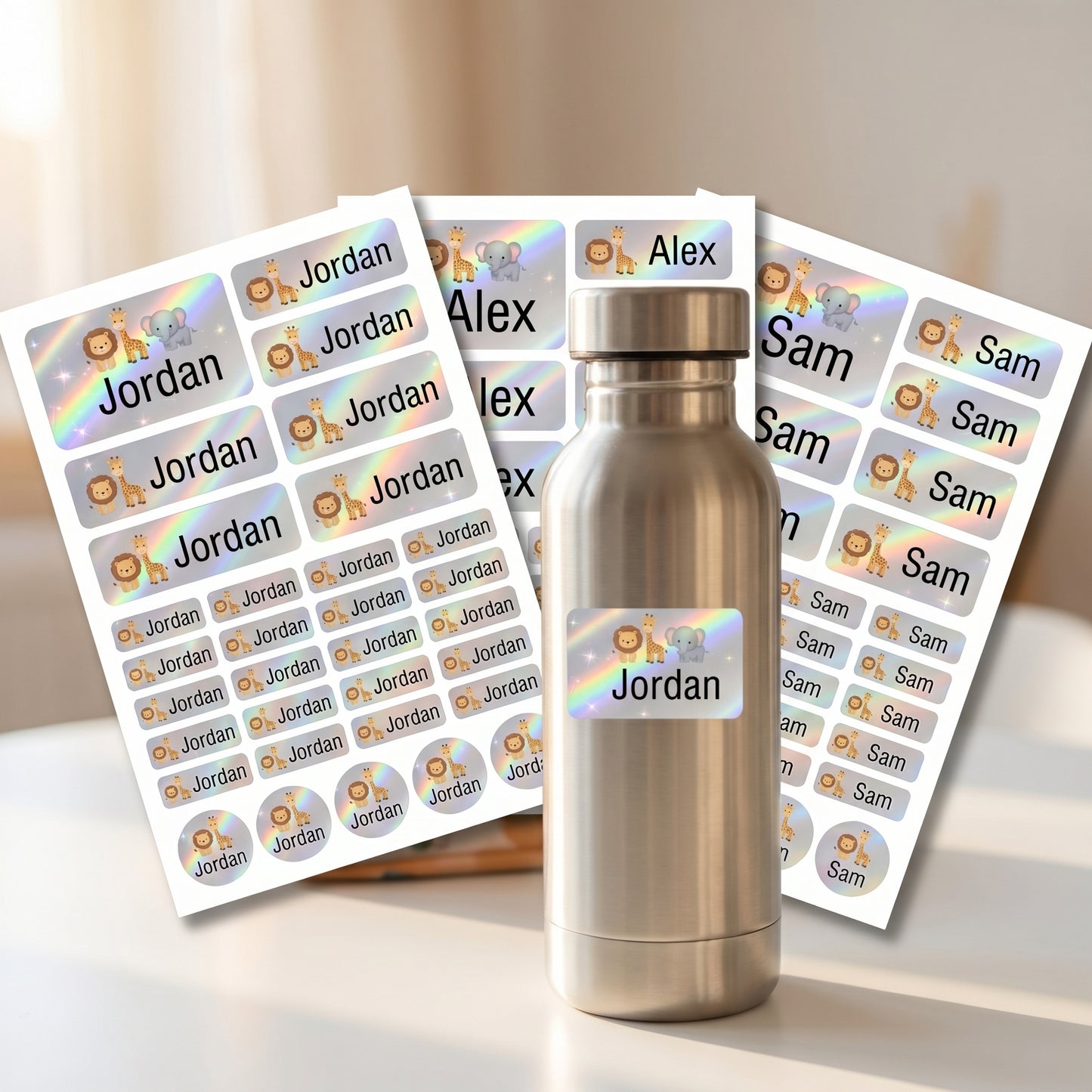 Personalized safari animals name labels on a kids water bottle and lunchbox