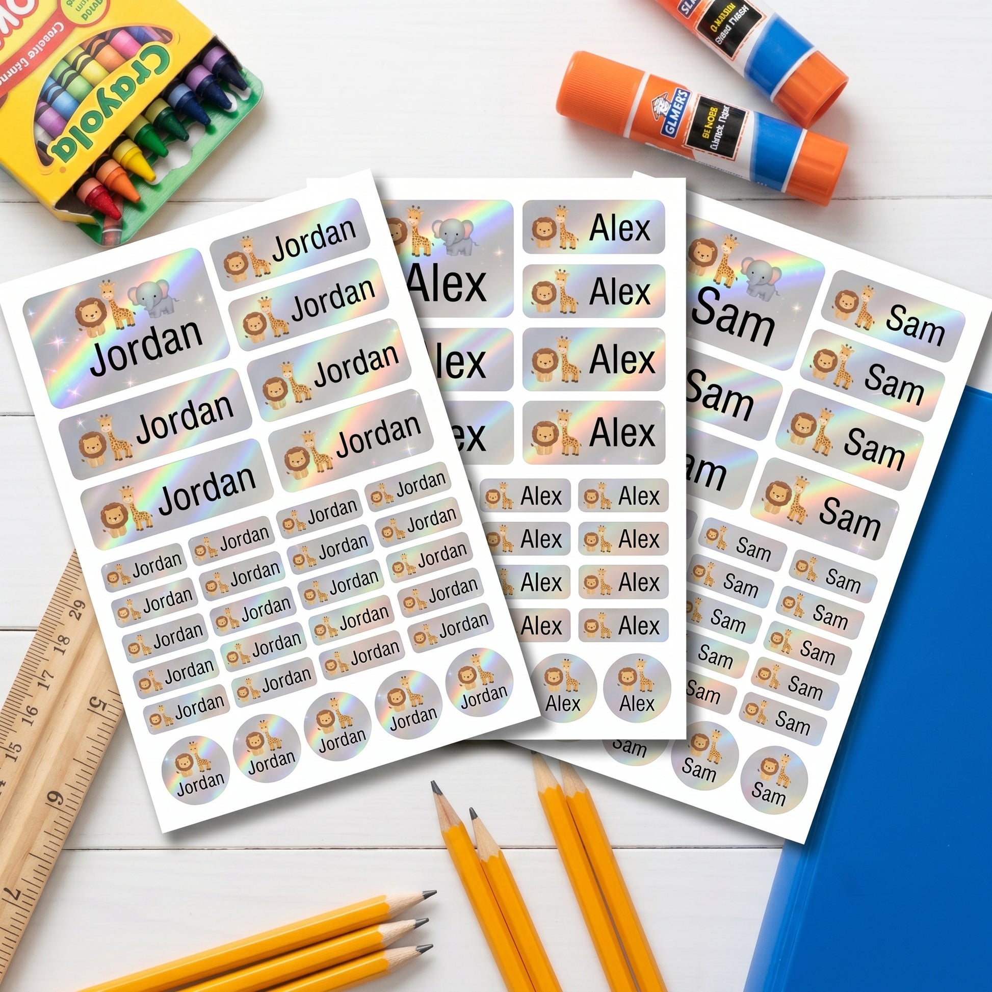 safari animals name labels on school supplies - crayons, glue, ruler, pencils, binder