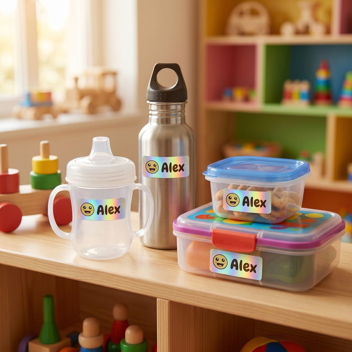 smiley name labels on daycare items - sippy cup, bottle, snack container, lunchbox
