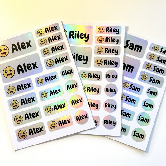 Holographic smiley name labels combo sheets - waterproof kids name stickers