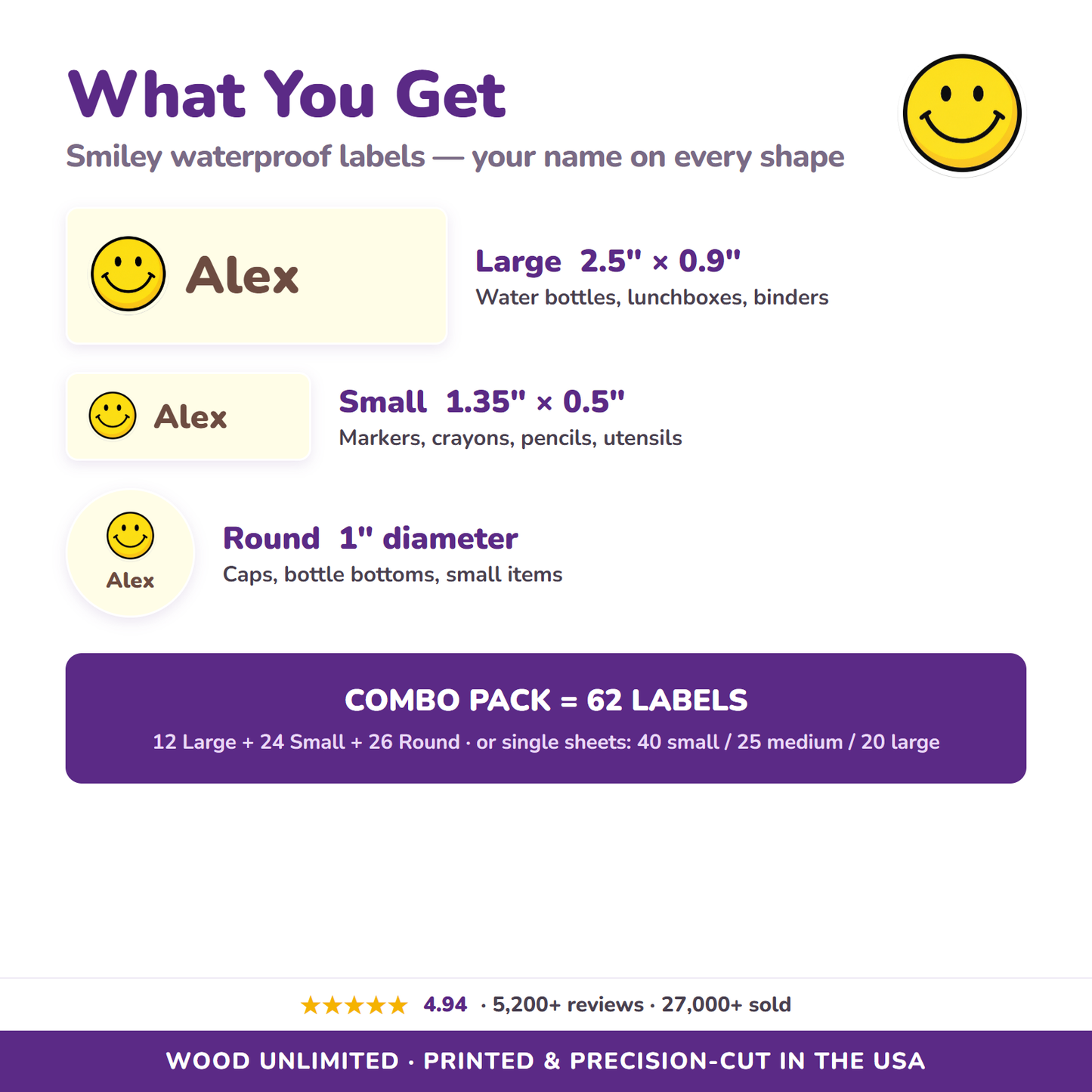Smiley name label sizes and 62-label combo pack contents