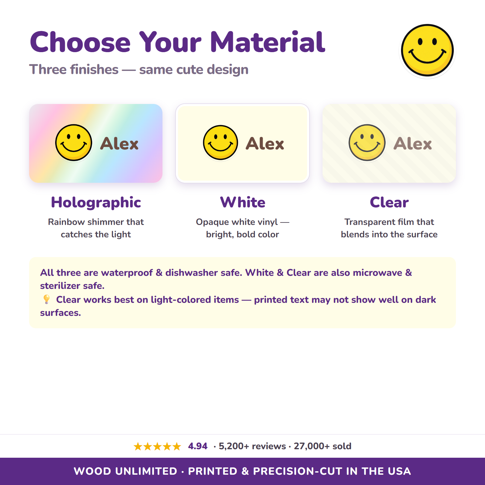 Holographic, white, and clear vinyl name label options