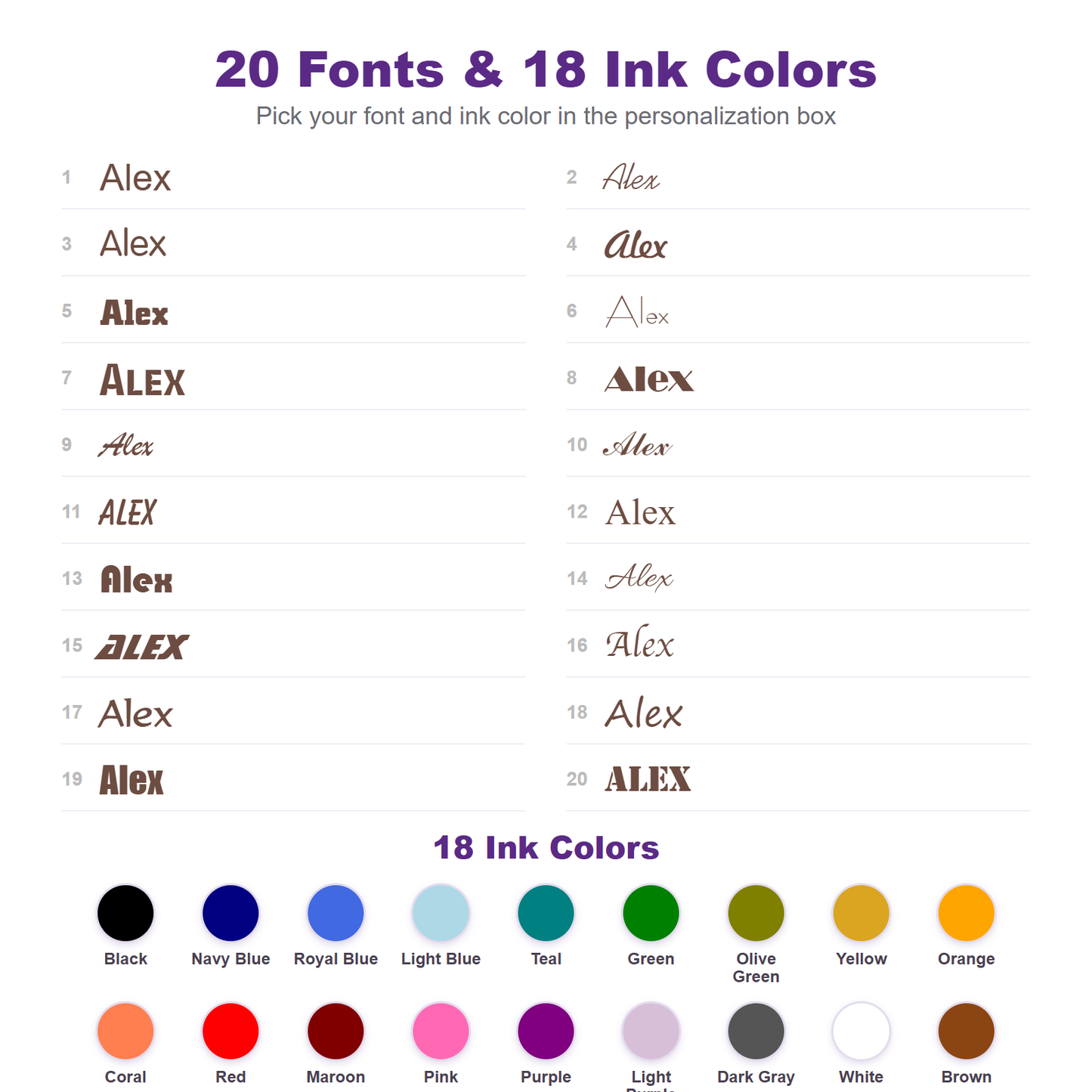 20 fonts and 18 ink colors for personalized kids name labels