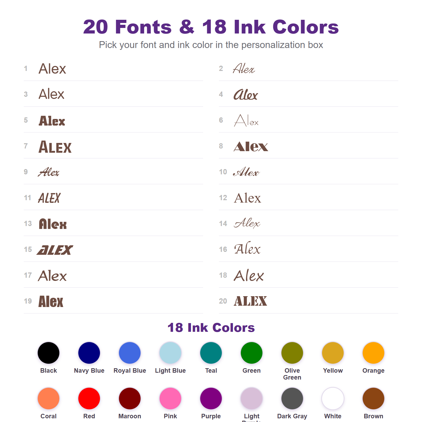 20 fonts and 18 ink colors for personalized kids name labels