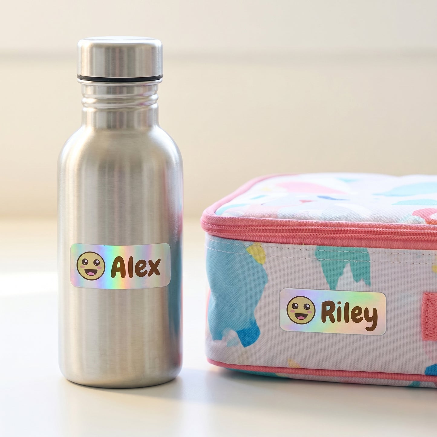 Personalized smiley name labels on a kids water bottle and lunchbox