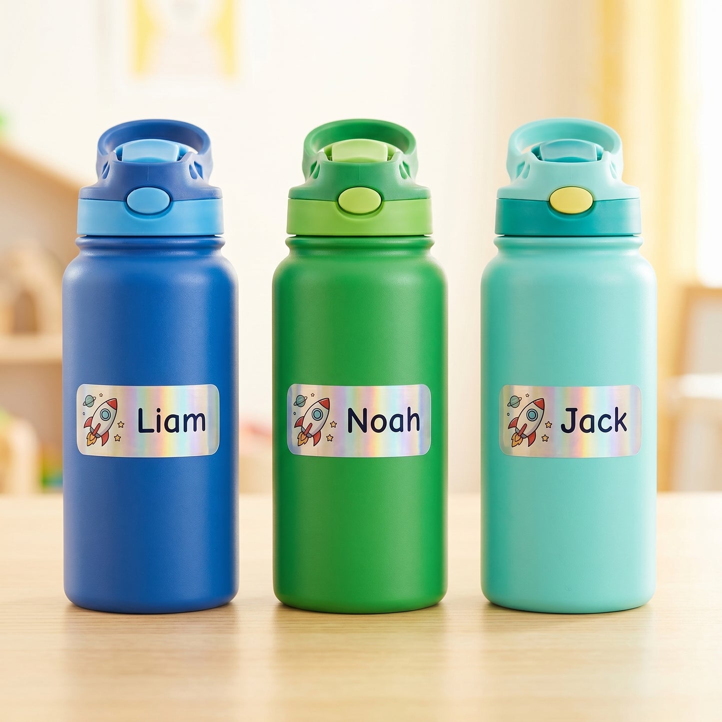 Personalized space name labels on three kids water bottles