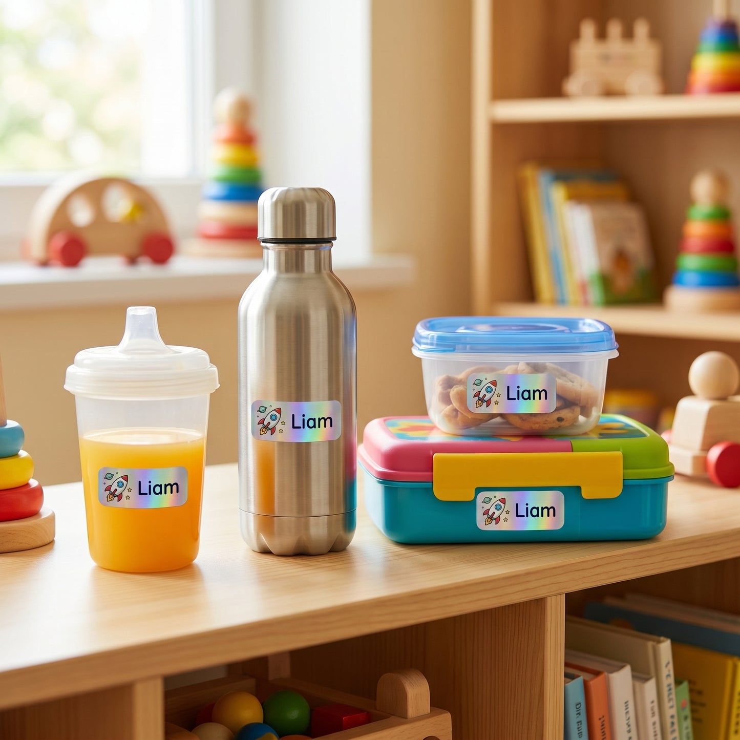 space name labels on daycare items - sippy cup, bottle, snack container, lunchbox