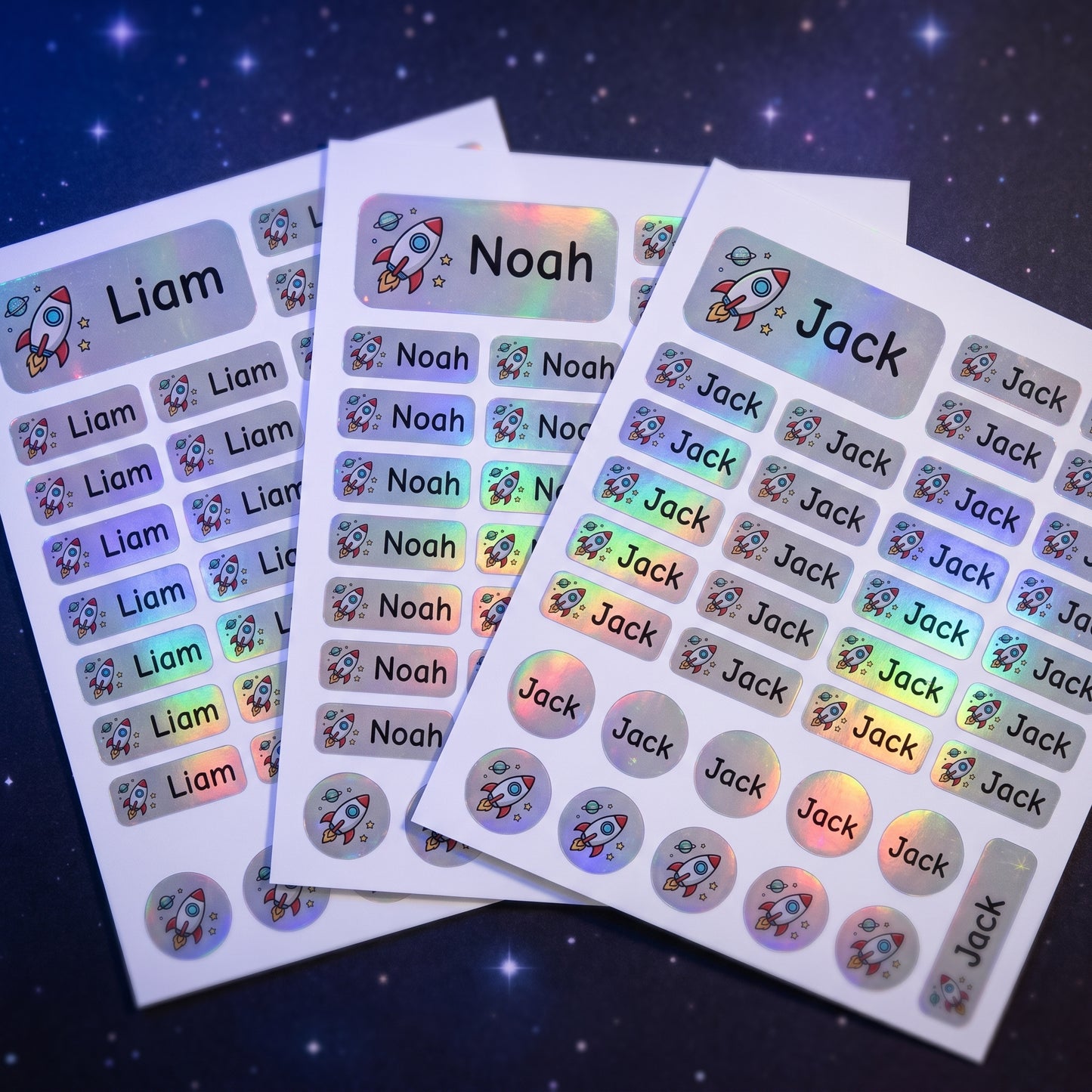 Holographic space name labels combo sheets - waterproof kids name stickers