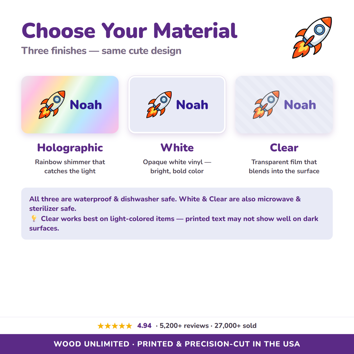 Holographic, white, and clear vinyl name label options