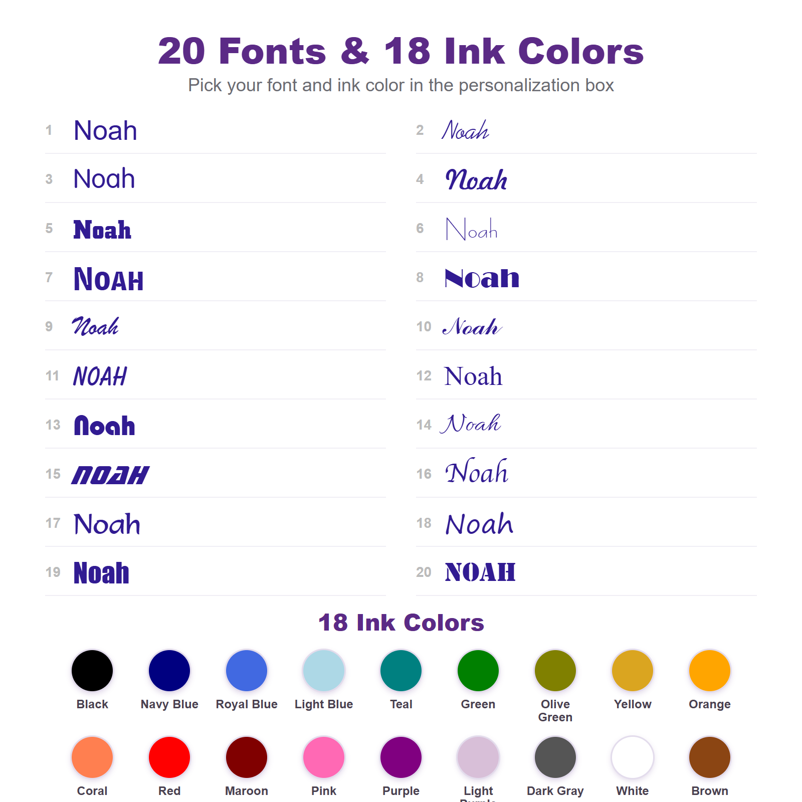 20 fonts and 18 ink colors for personalized kids name labels