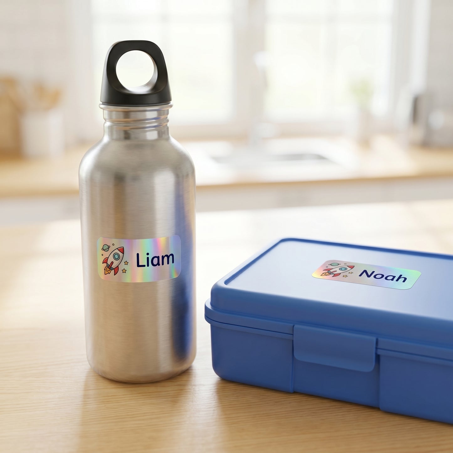 Personalized space name labels on a kids water bottle and lunchbox