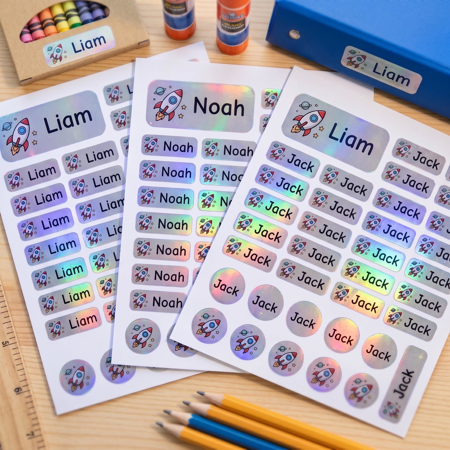space name labels on school supplies - crayons, glue, ruler, pencils, binder
