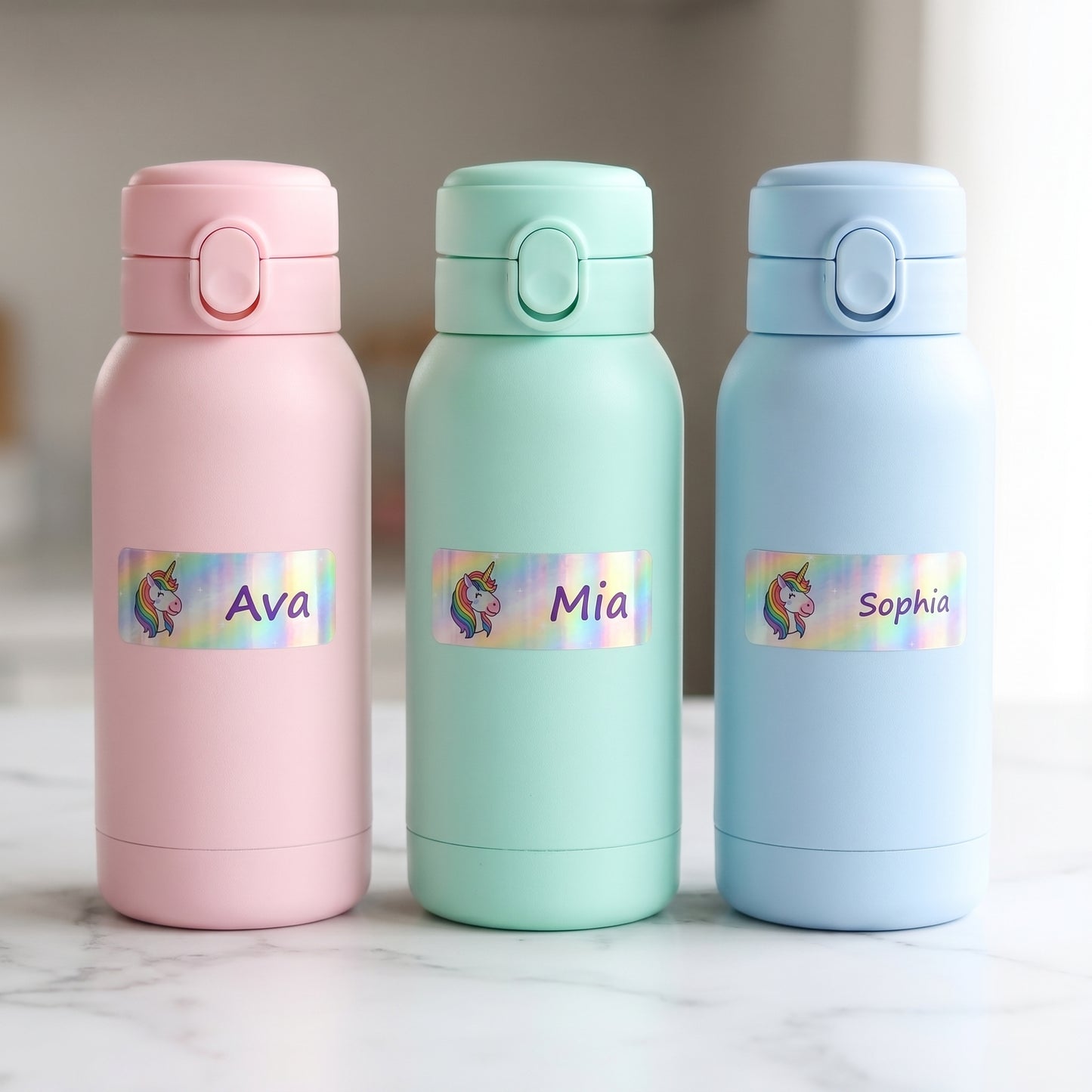Personalized unicorn name labels on kids water bottles