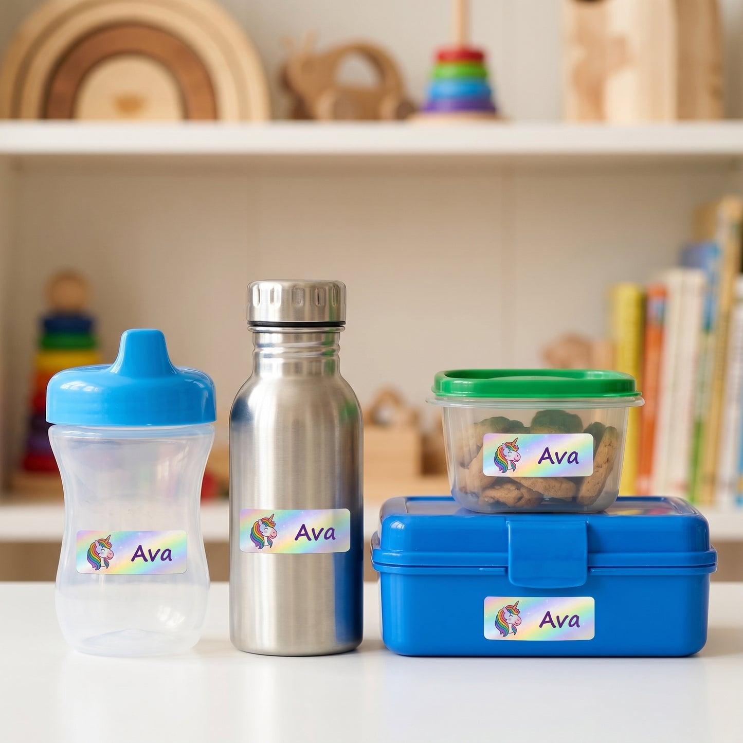 Unicorn name labels on a daycare sippy cup, bottle, snack box and lunchbox