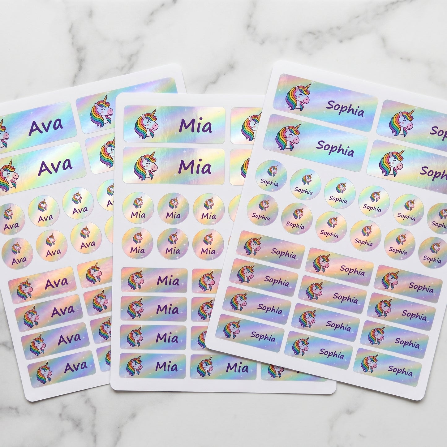Holographic unicorn name labels combo sheets - waterproof kids name stickers