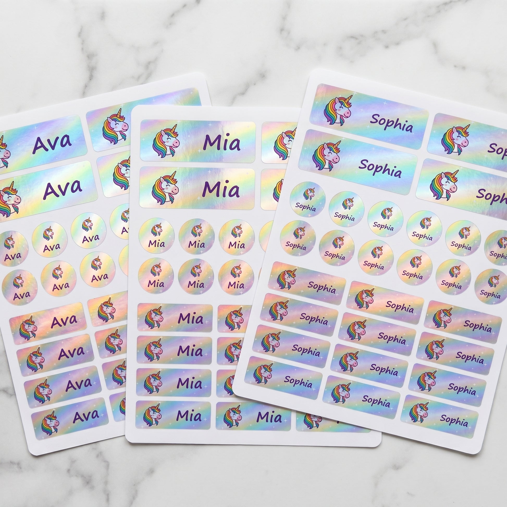 Holographic unicorn name labels combo sheets - waterproof kids name stickers