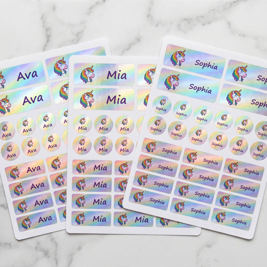 Holographic unicorn name labels combo sheets - waterproof kids name stickers
