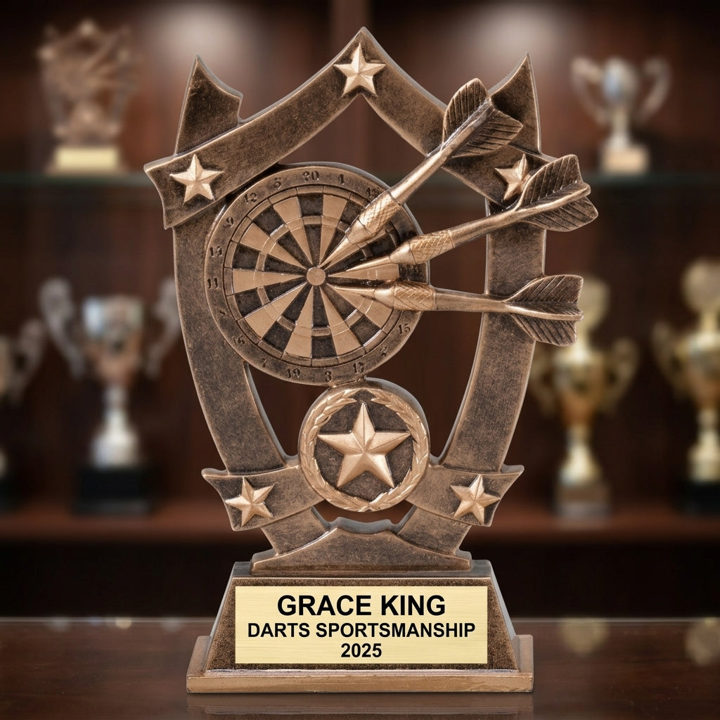 Darts Award Trophy | Personalized | Custom Engraved | Darts Tournament Trophy | Darts Gift | Bronze & Gold | Engraved Name Plate - View 1