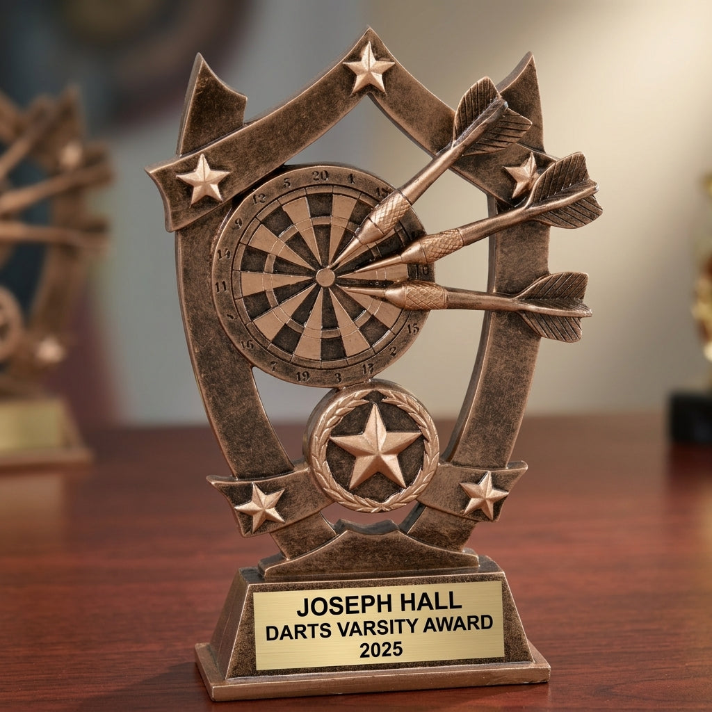 Darts Award Trophy | Personalized | Custom Engraved | Darts Tournament Trophy | Darts Gift | Bronze & Gold | Engraved Name Plate - View 2